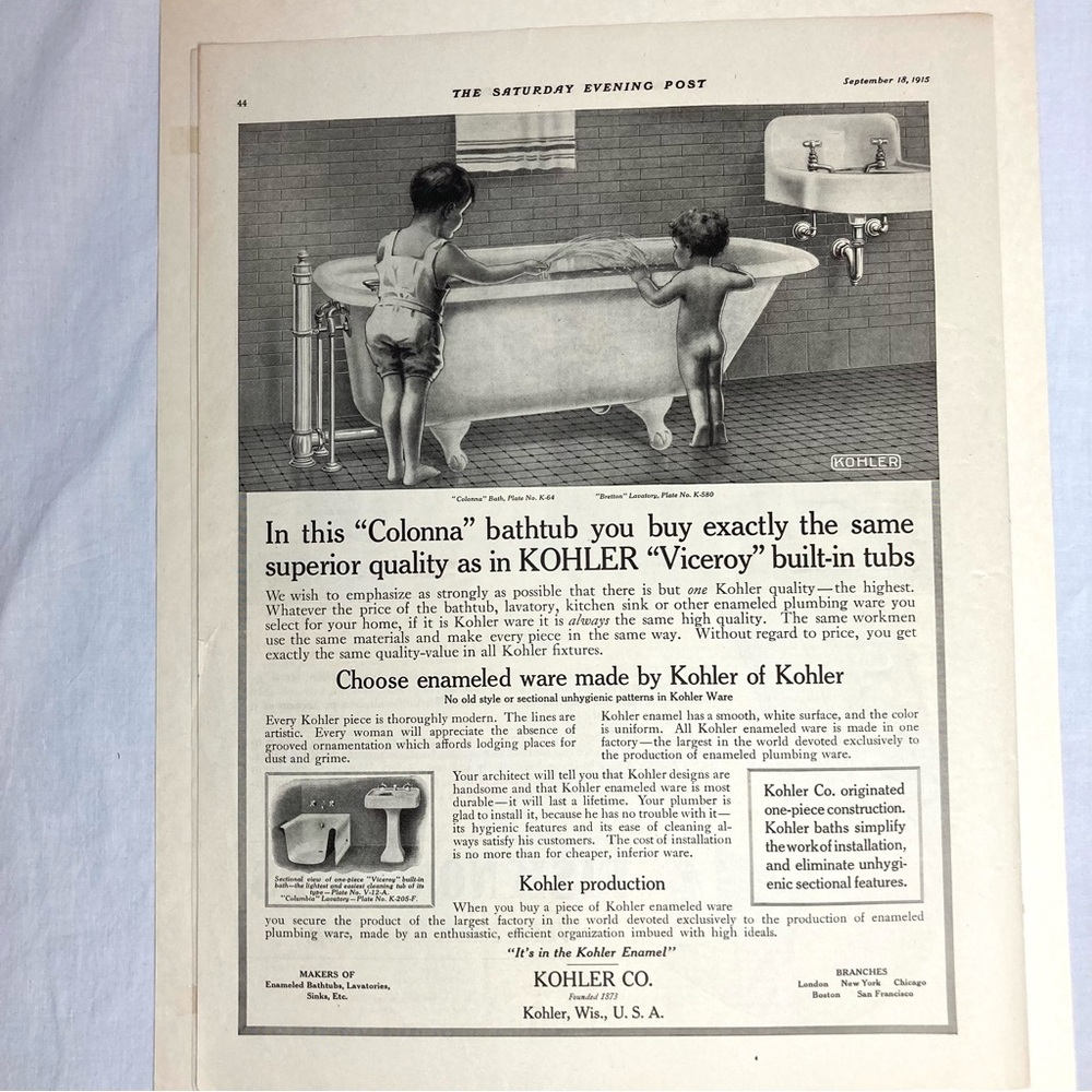 Kohler Vintage 1915 Bathtub Advertisement